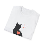 Black cat silhouette T-shirt with heart accent for cat lovers, featuring a cute feline design, by Printify.