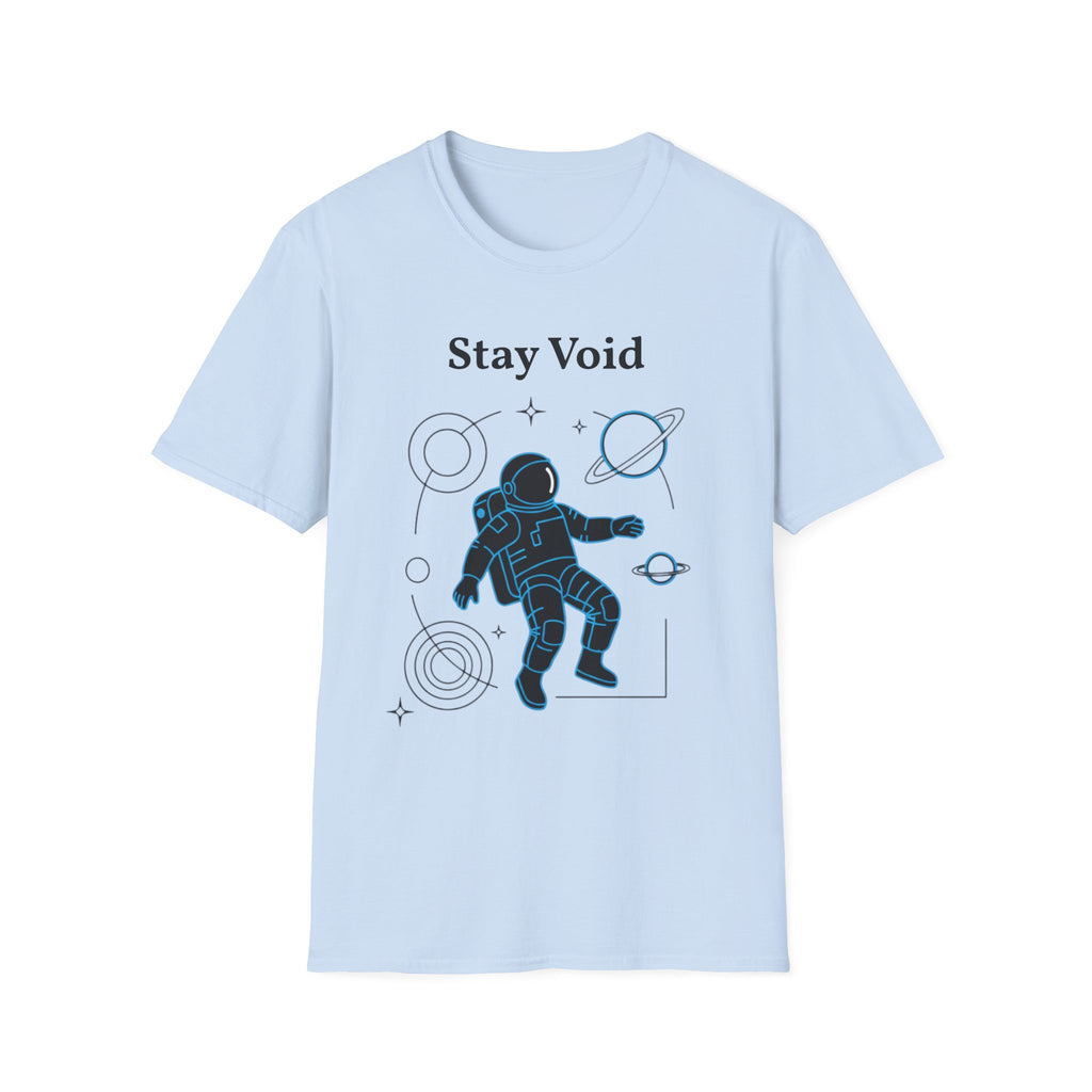 Stay Void astronaut T-shirt featuring a space explorer graphic on a casual Printify T-shirt for space-themed fashion.