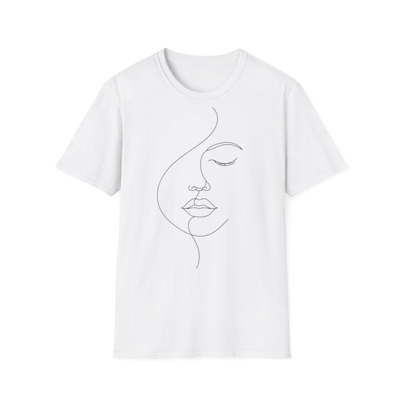 White t-shirt with a minimalist line art face design on a white background