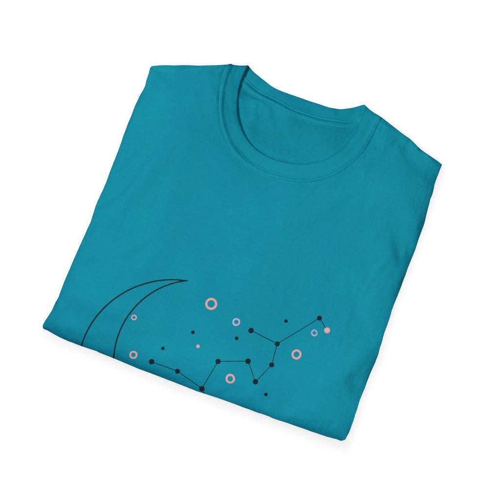 Celestial Moon and constellation design on a minimalist astrology T-shirt by Printify, featuring celestial patterns on soft fabric.