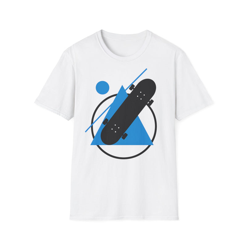 Blue geometric skateboard graphic T-shirt by Printify, featuring a minimal skateboard design on a casual crewneck tee.