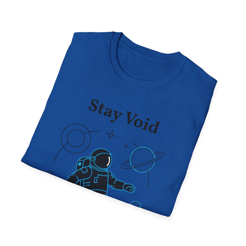 Black Stay Void Astronaut T-Shirt with space explorer graphic print, featuring a detailed astronaut design from Printify.