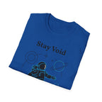 Black Stay Void Astronaut T-Shirt with space explorer graphic print, featuring a detailed astronaut design from Printify.