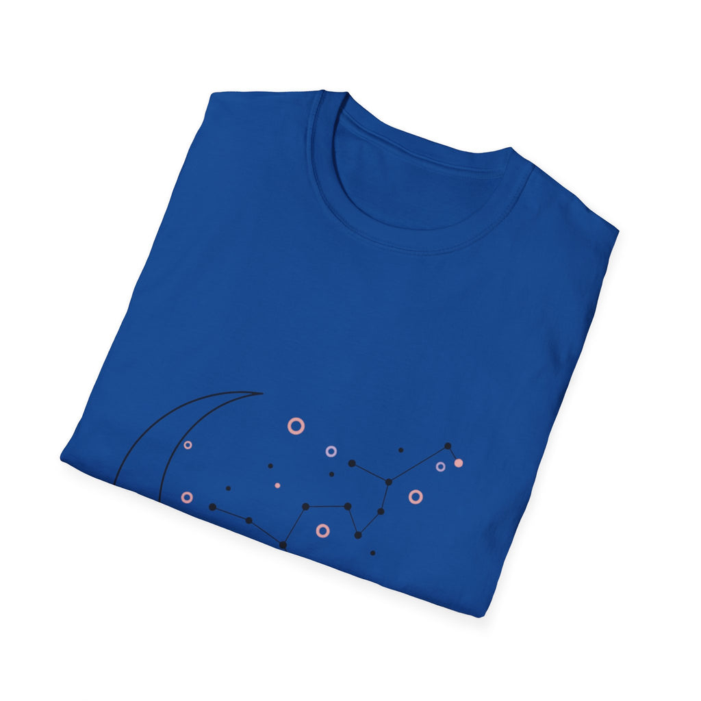 Minimalist celestial moon and constellation print on a Printify astrology T-shirt, featuring a sleek, cosmic design.