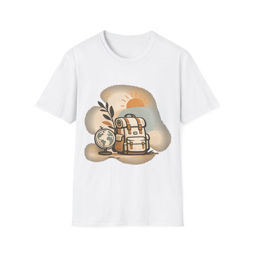 Adventure Backpack T-Shirt featuring a travel globe graphic design on a casual tee by Printify.