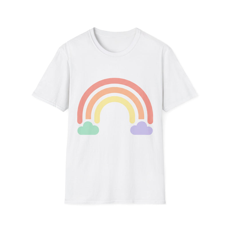 Pastel rainbow graphic T-shirt by Printify featuring a cute minimal rainbow design on a soft fabric tee.