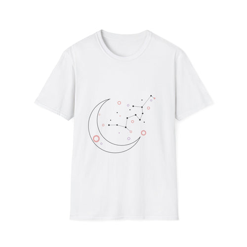 Minimalist celestial moon and constellation print on a Printify astrology T-shirt, featuring a night sky design.