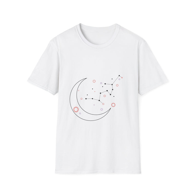 Minimalist celestial moon and constellation print on a Printify astrology T-shirt, featuring a night sky design.