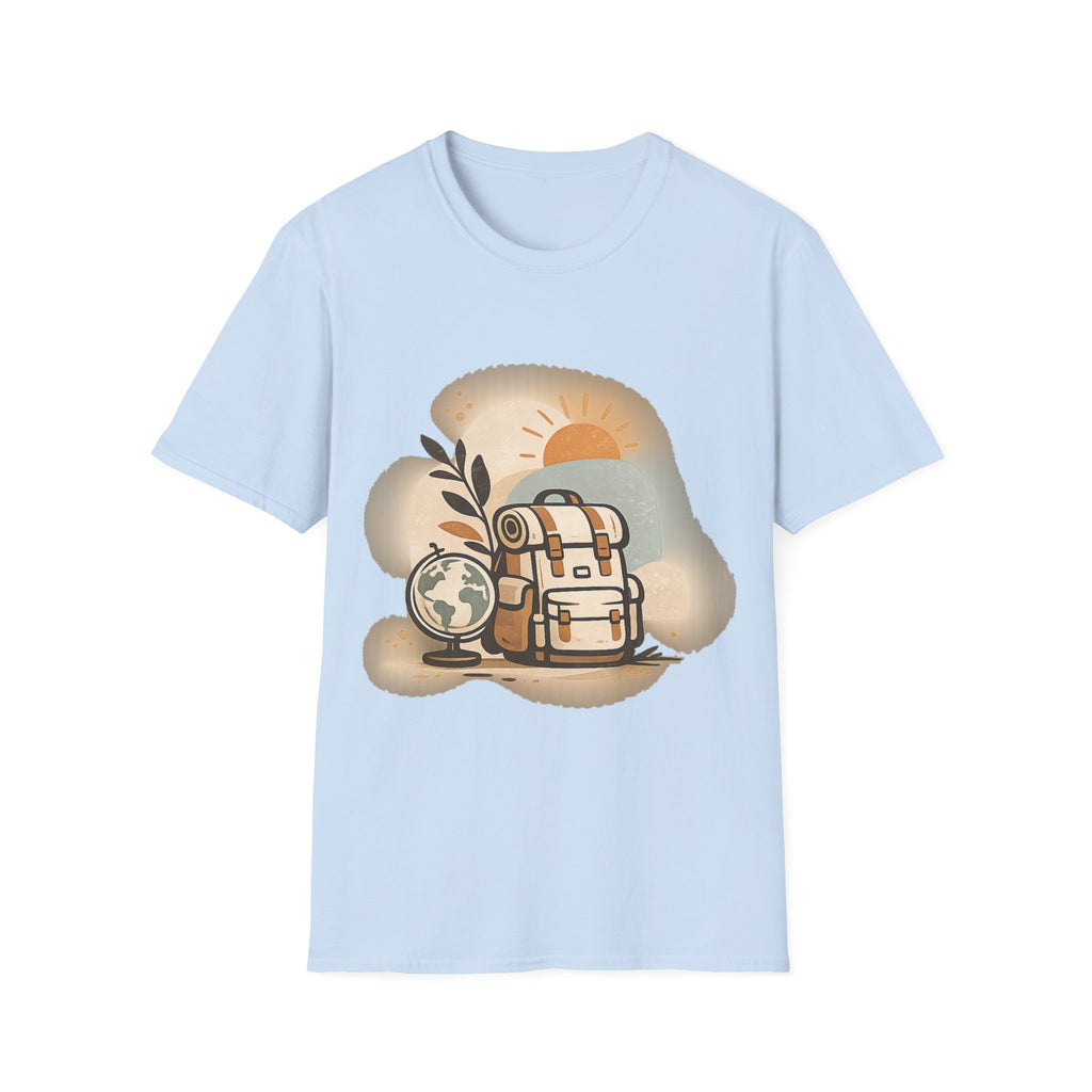 Adventure Backpack T-Shirt featuring a travel globe graphic design, created by Printify.