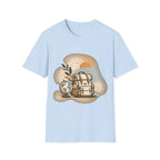 Adventure Backpack T-Shirt featuring a travel globe graphic design, created by Printify.