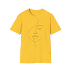 Yellow t-shirt with a line art face design on a white background