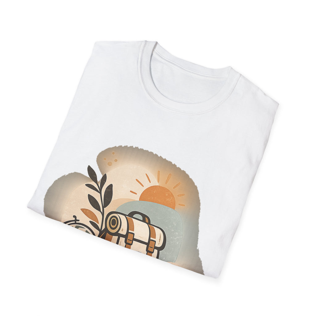 Adventure Backpack T-Shirt featuring a travel globe graphic, designed by Printify, displayed on a plain background.