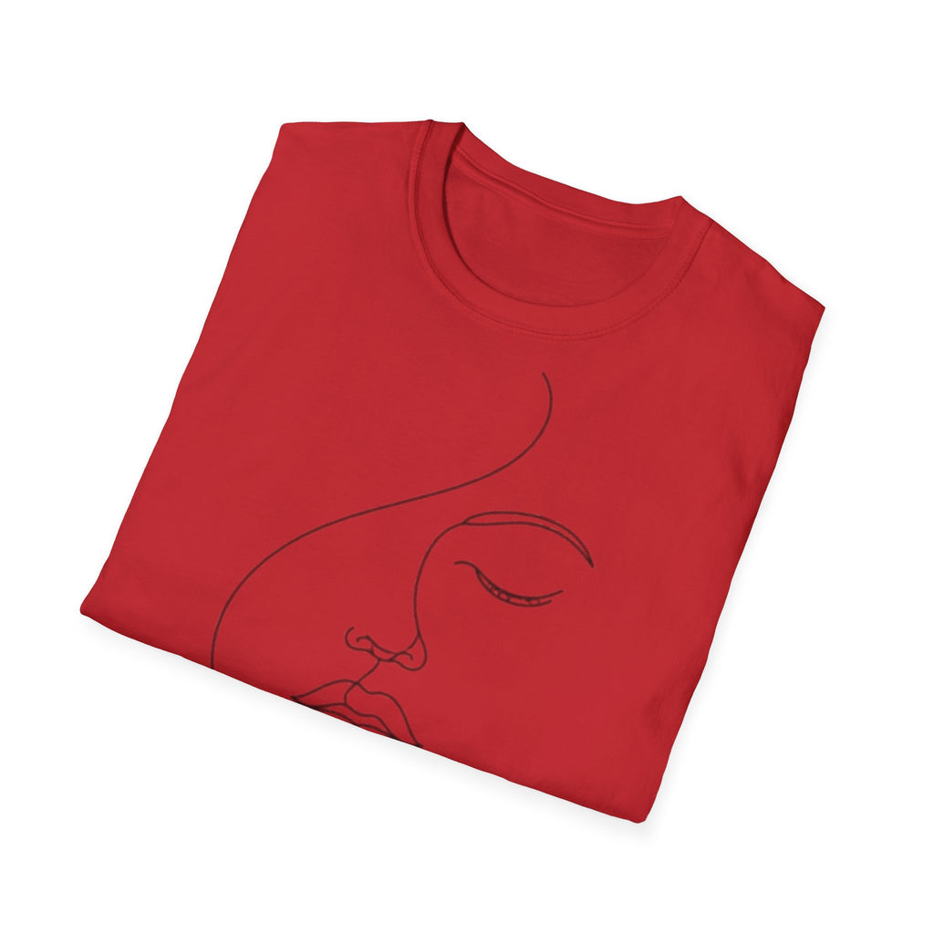 Folded red t-shirt with a small white logo on a white background