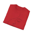 Folded red t-shirt with a small white logo on a white background