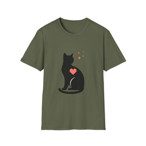 Black cat silhouette t-shirt with heart accent, cute cat lover tee by Printify featuring a charming feline design.