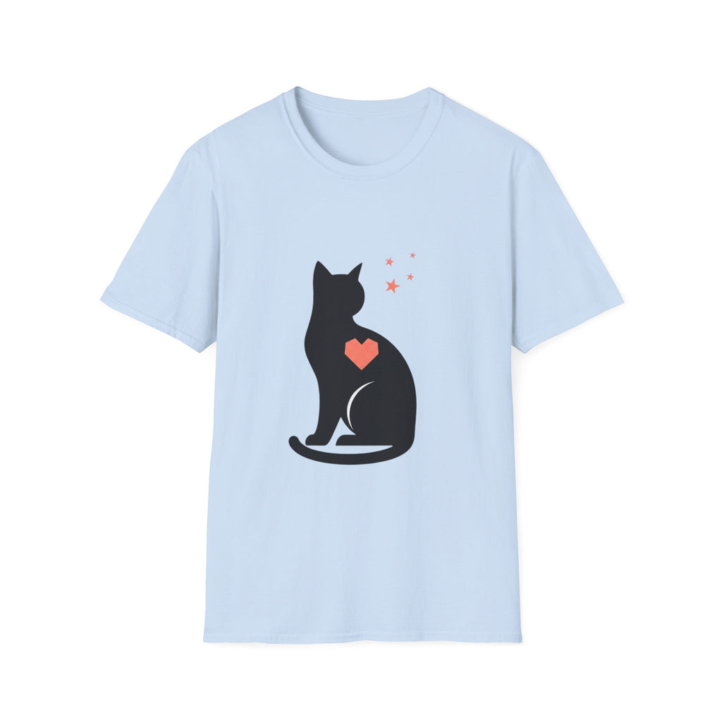 Black cat silhouette t-shirt with heart accent, cute cat lover tee by Printify, featuring a charming feline design on soft fabric.