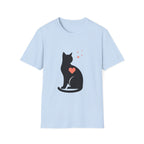 Black cat silhouette t-shirt with heart accent, cute cat lover tee by Printify, featuring a charming feline design on soft fabric.