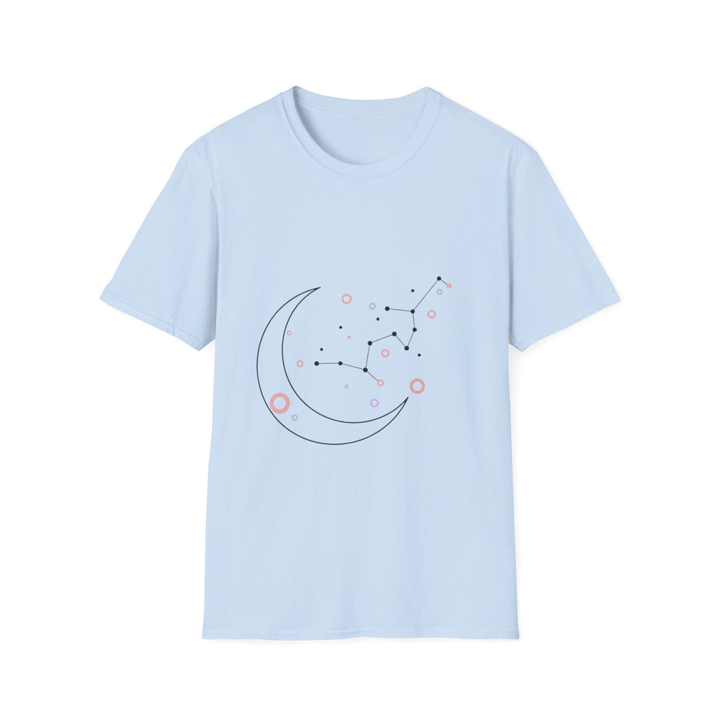 Black Celestial Moon and Constellation T-Shirt featuring minimalist astrology design by Printify, showcasing moon and star graphics.