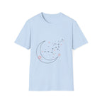 Black Celestial Moon and Constellation T-Shirt featuring minimalist astrology design by Printify, showcasing moon and star graphics.