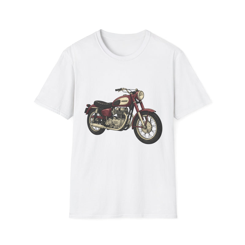 Vintage red motorcycle T-shirt by Printify featuring a classic retro bike graphic on a casual cotton tee.