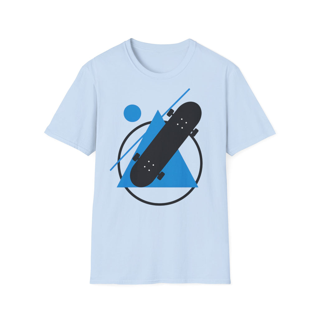 Minimal blue skateboard geometric graphic T-shirt by Printify, showcasing a modern skate-inspired design on a casual tee.