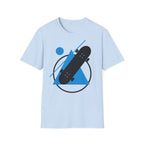 Minimal blue skateboard geometric graphic T-shirt by Printify, showcasing a modern skate-inspired design on a casual tee.