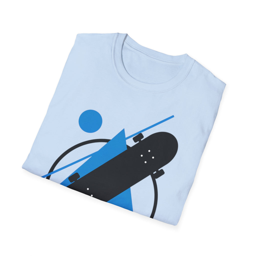 Minimal blue skateboard geometric graphic T-shirt by Printify, featuring a modern design on a casual T-shirt.