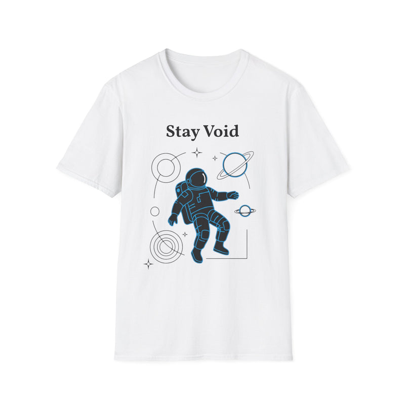 White t-shirt with an astronaut graphic and 'Stay Void' text on a white background