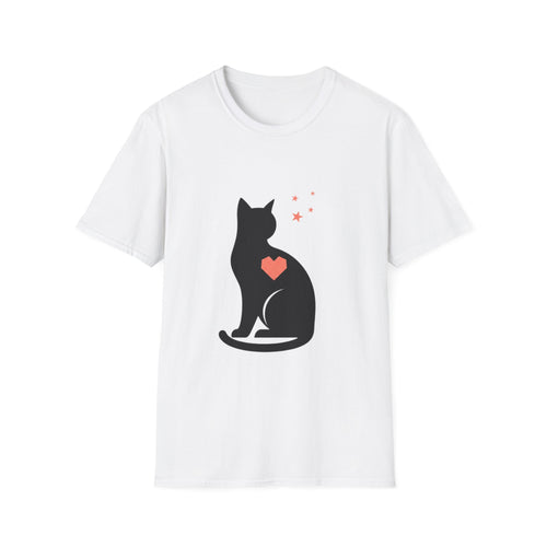 Black cat silhouette T-shirt with heart accent for cat lovers, featuring a cute and stylish design by Printify.