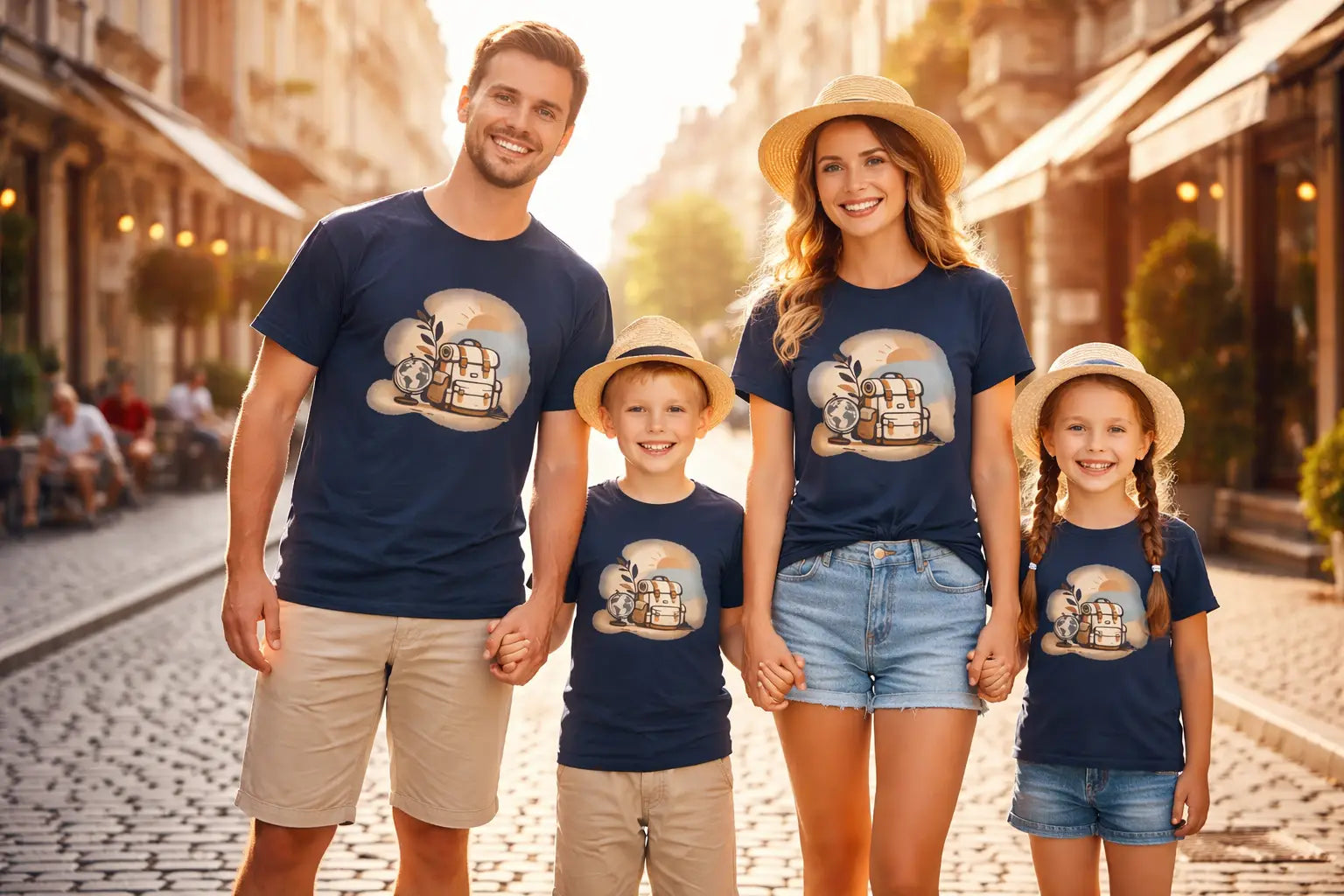 Family of four wearing matching navy blue t-shirts with a graphic design on a street.
