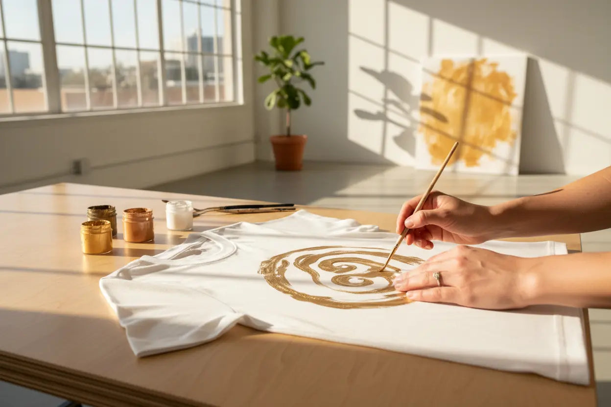Person painting a design on a white t-shirt with a brush in a bright room.