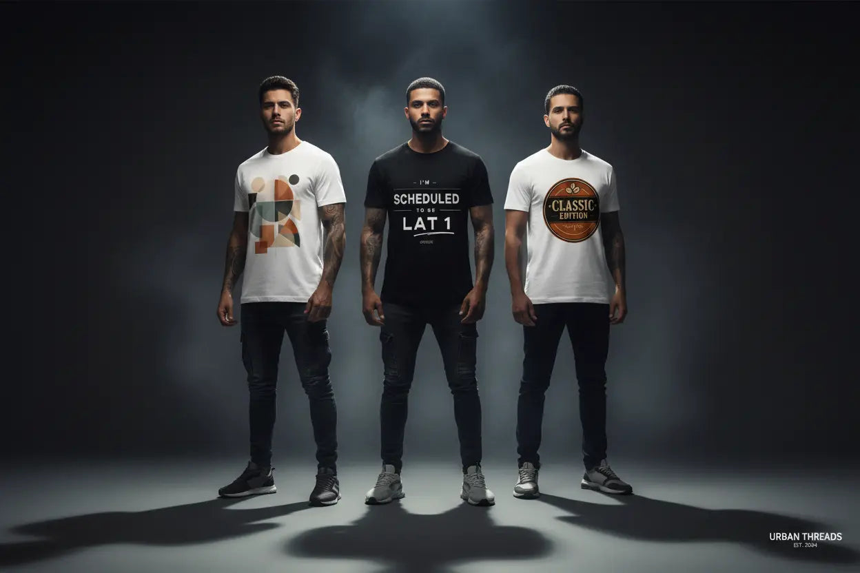 Three men wearing t-shirts with different designs on a dark background