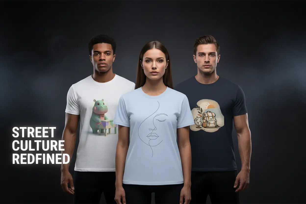 Three people wearing t-shirts with unique designs on a dark background, with text 'Street Culture Redefined'.