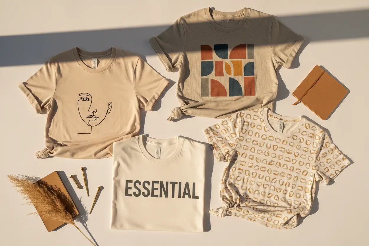 Four beige t-shirts with different designs on a light background